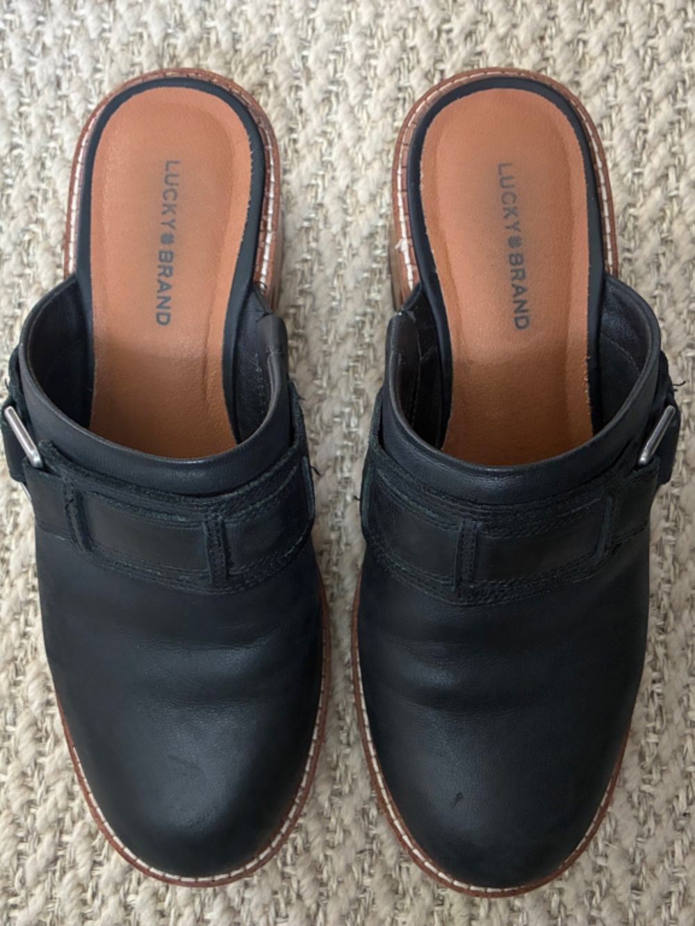 Lucky Brand Black Leather Mule Clogs with Brown Insole, 9.5 M